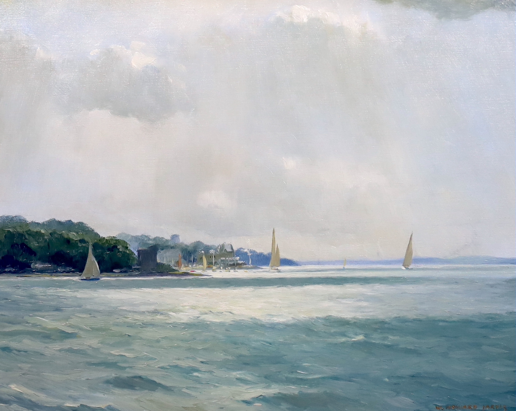 William Howard Jarvis (English, 1903-1954), 'Castle Point, Cowes, Isle of Wight, Royal Yacht Squadron in the middle distance', oil on canvas, 39 x 50cm
